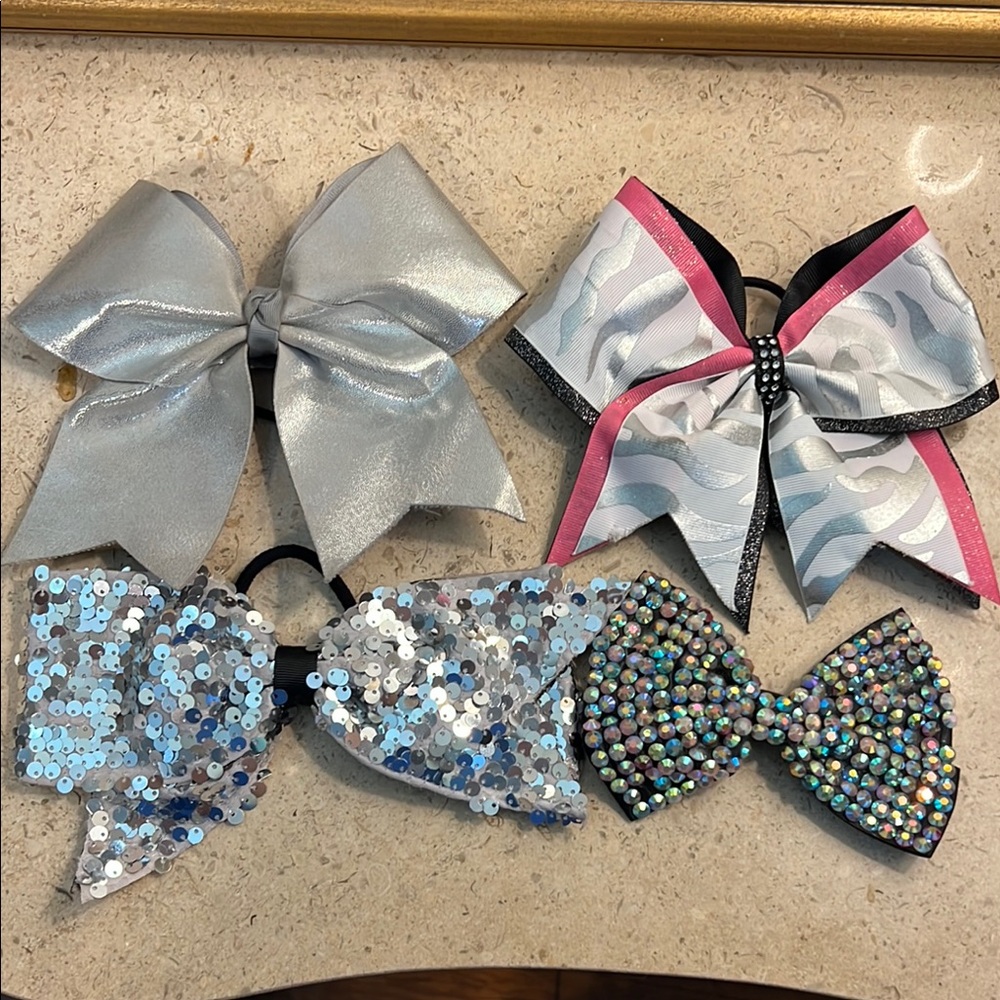 Dance Cheer Bows lot of 4 - Black Gray Silver Pink Sequin Rhinestones